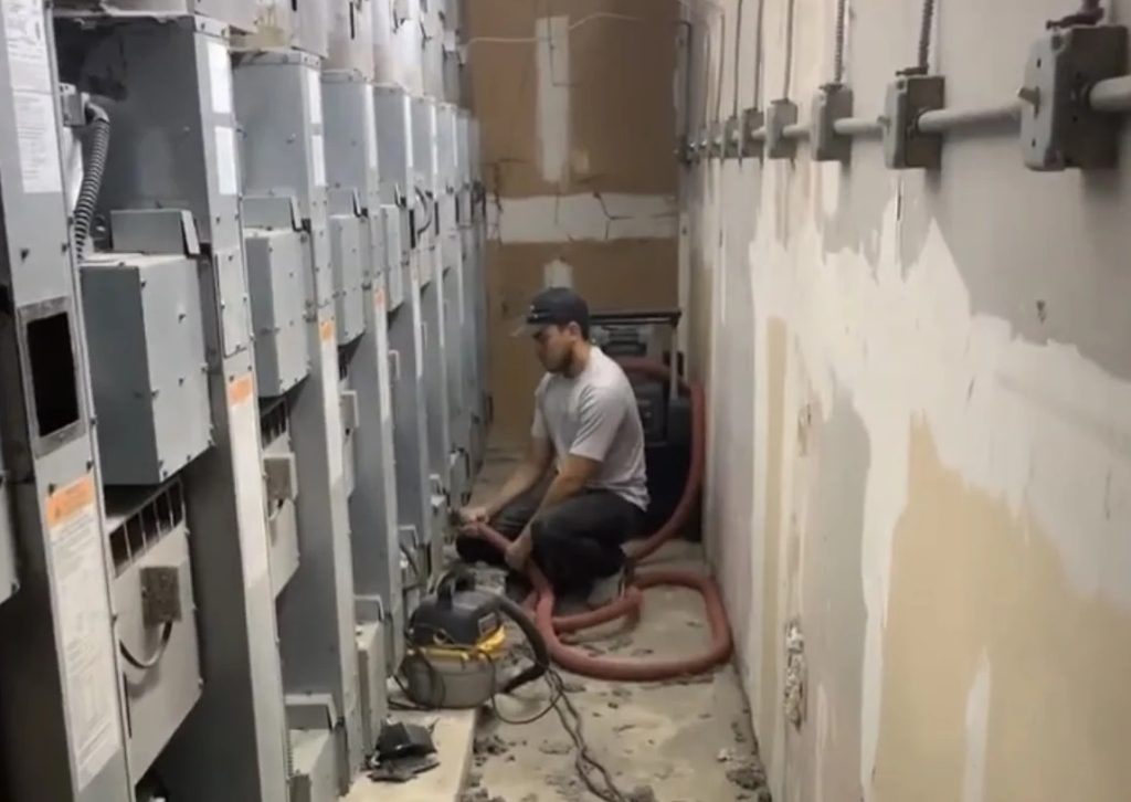 Man behind a row of dryers at a laundromat cleaning the dryer vents in Orlando, FL